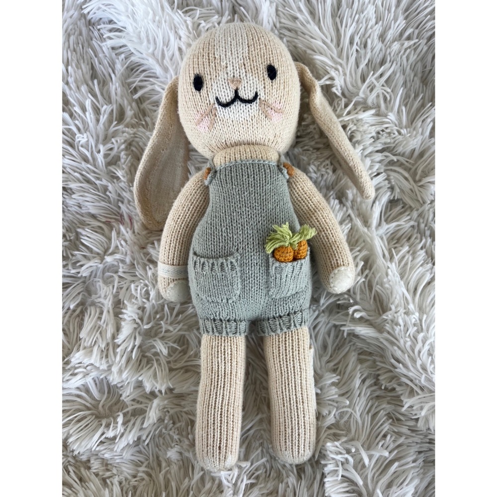 Cuddle + Kind Benedict the Bunny Hand Knit Doll Cream Sage Overalls 13 Inch